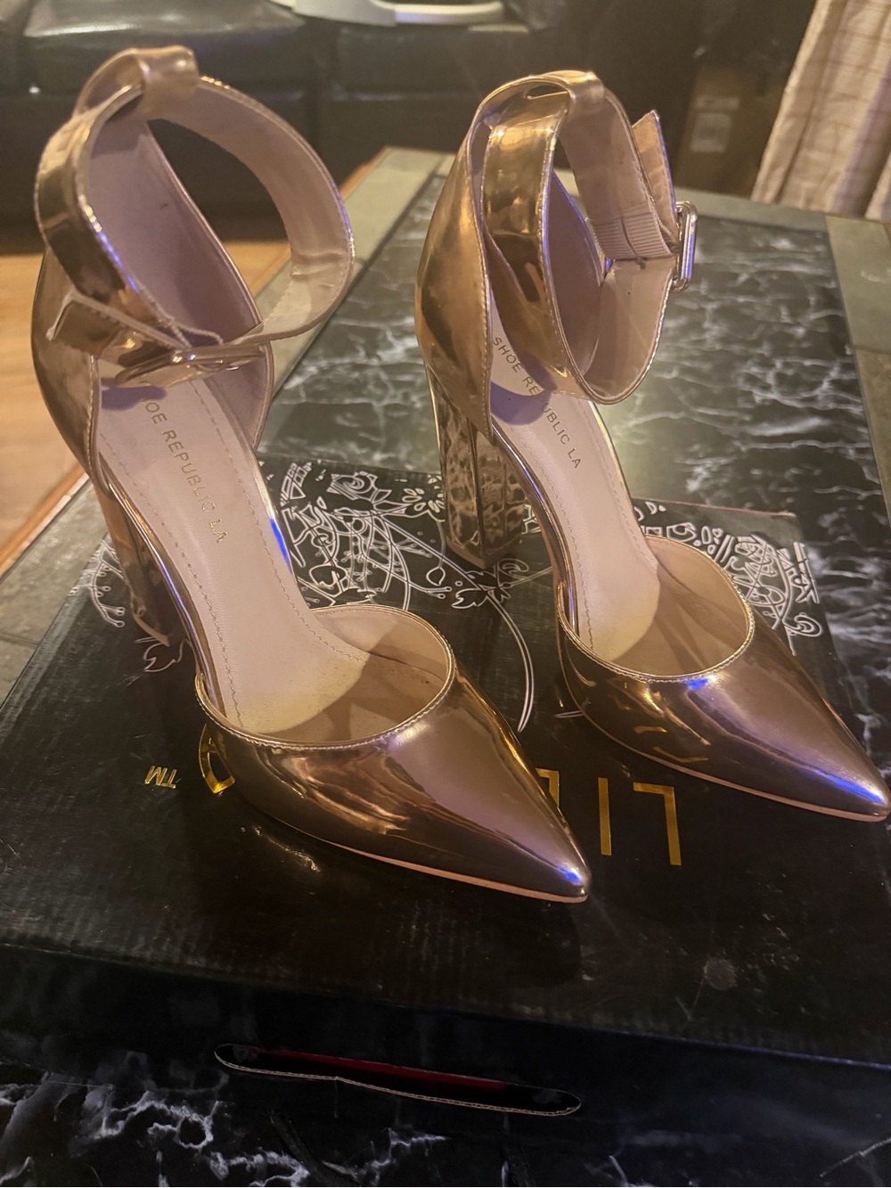 Shoe Republic LA Metallic Rose-Gold Pointed Ankle-Strap Heels